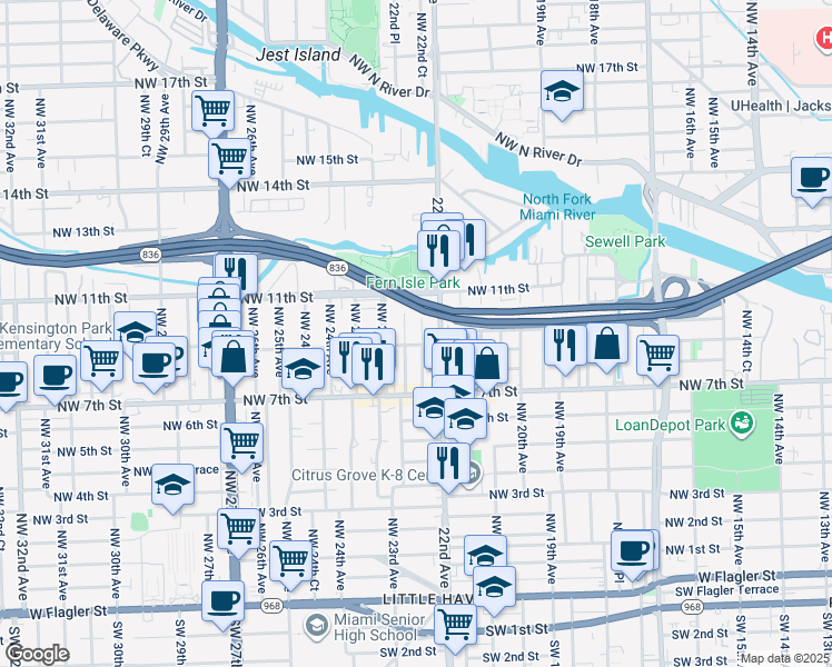 map of restaurants, bars, coffee shops, grocery stores, and more near 927 Northwest 22nd Court in Miami