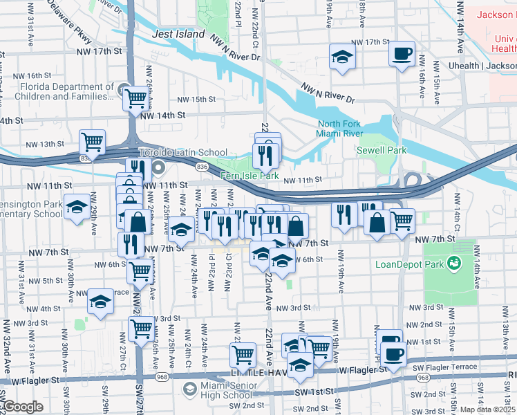 map of restaurants, bars, coffee shops, grocery stores, and more near 927 Northwest 22nd Court in Miami