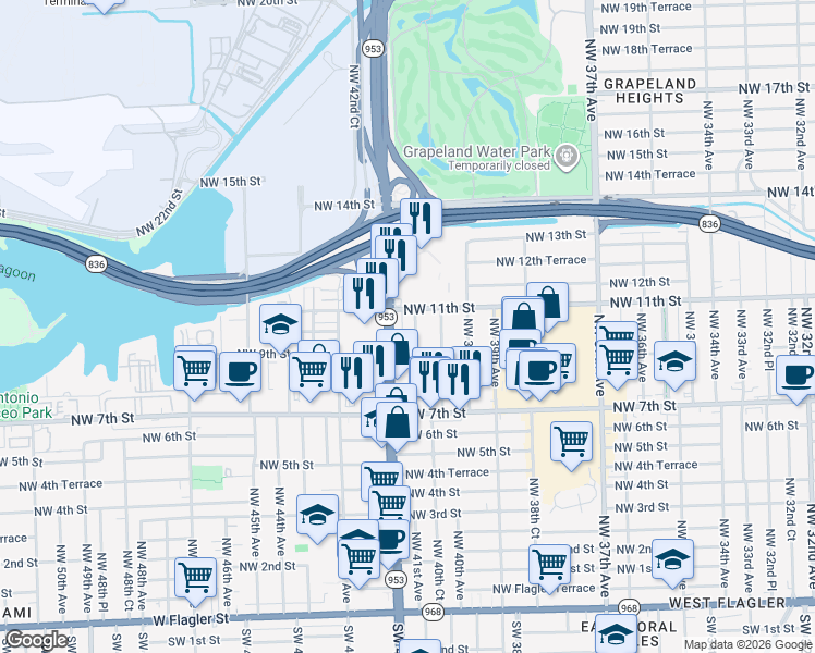 map of restaurants, bars, coffee shops, grocery stores, and more near 1099 Northwest 42nd Avenue in Miami