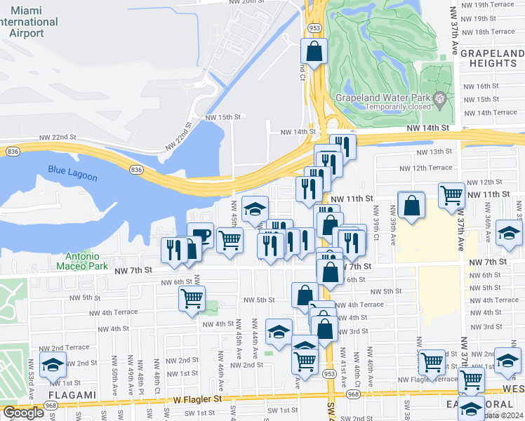map of restaurants, bars, coffee shops, grocery stores, and more near 4393 Northwest 10th Street in Miami