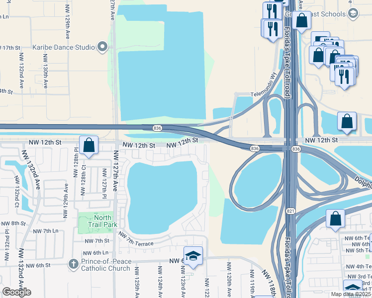 map of restaurants, bars, coffee shops, grocery stores, and more near 1179 Northwest 124 Place in Miami