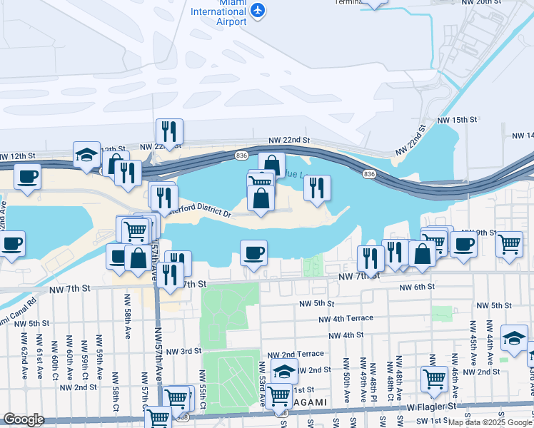 map of restaurants, bars, coffee shops, grocery stores, and more near 5202 Blue Lagoon Drive in Miami