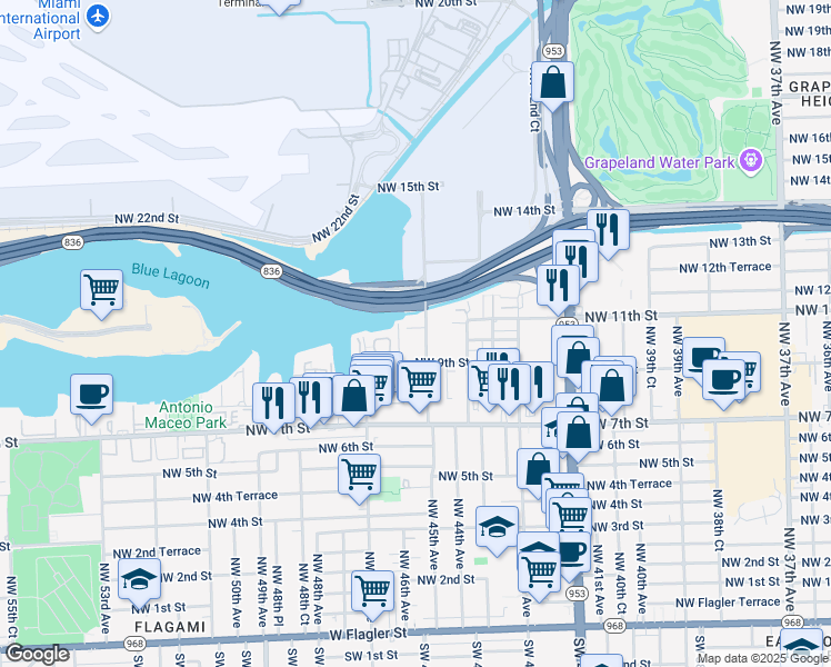 map of restaurants, bars, coffee shops, grocery stores, and more near 1015 Northwest 45th Avenue in Miami