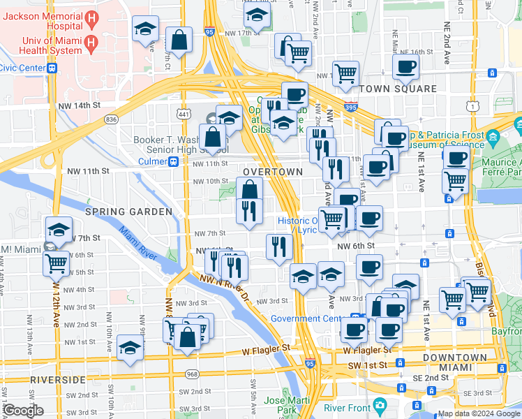 map of restaurants, bars, coffee shops, grocery stores, and more near 439 Northwest 8th Street in Miami