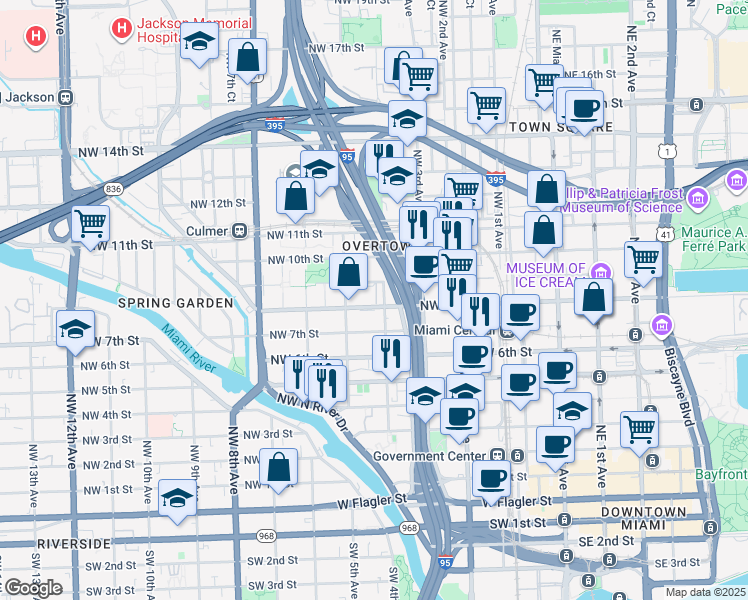 map of restaurants, bars, coffee shops, grocery stores, and more near 419 Northwest 8th Street in Miami