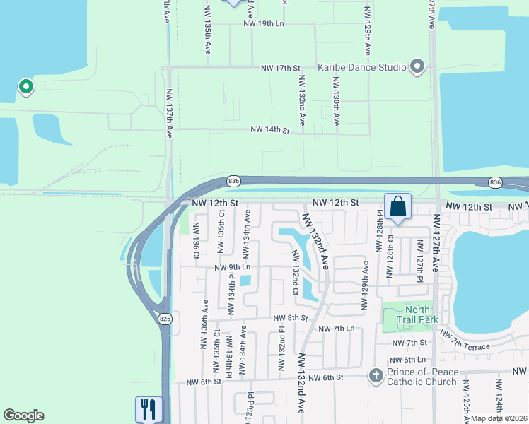map of restaurants, bars, coffee shops, grocery stores, and more near 1181 Northwest 134th Avenue in Miami