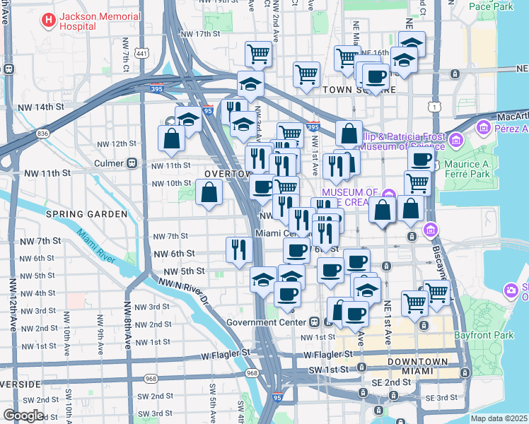 map of restaurants, bars, coffee shops, grocery stores, and more near 245 Northwest 8th Street in Miami