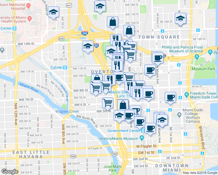 map of restaurants, bars, coffee shops, grocery stores, and more near 365 Northwest 8th Street in Miami