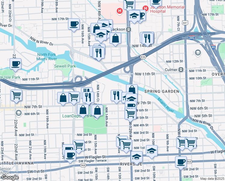 map of restaurants, bars, coffee shops, grocery stores, and more near 800 Northwest 13th Avenue in Miami