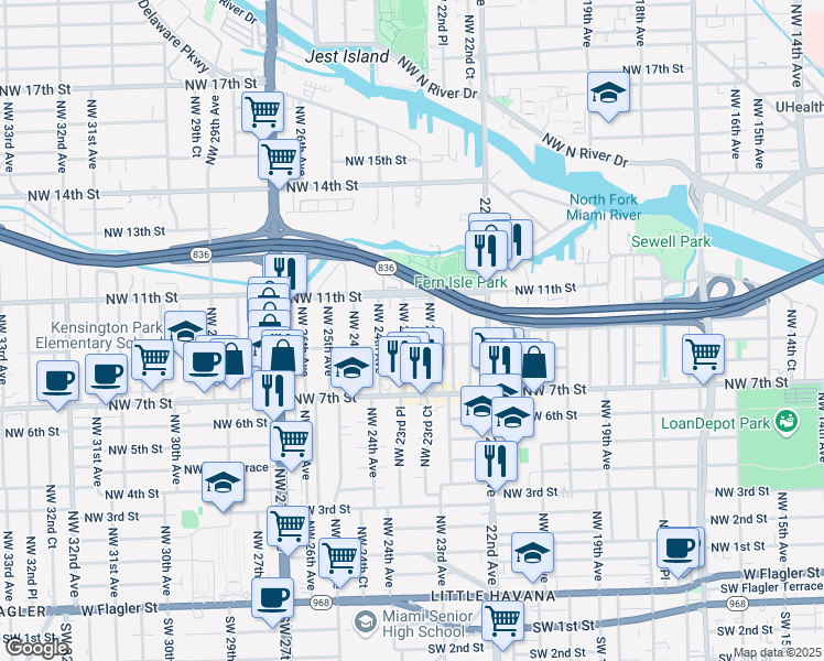 map of restaurants, bars, coffee shops, grocery stores, and more near 926 Northwest 23rd Avenue in Miami