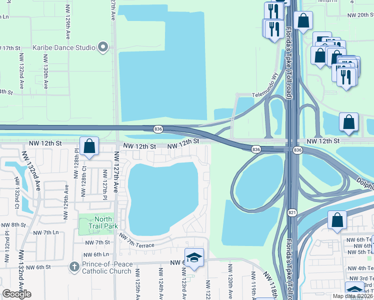map of restaurants, bars, coffee shops, grocery stores, and more near 1179 Northwest 124 Place in Miami