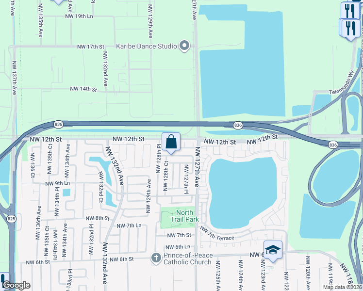map of restaurants, bars, coffee shops, grocery stores, and more near 12809 Northwest 11th Terrace in Miami