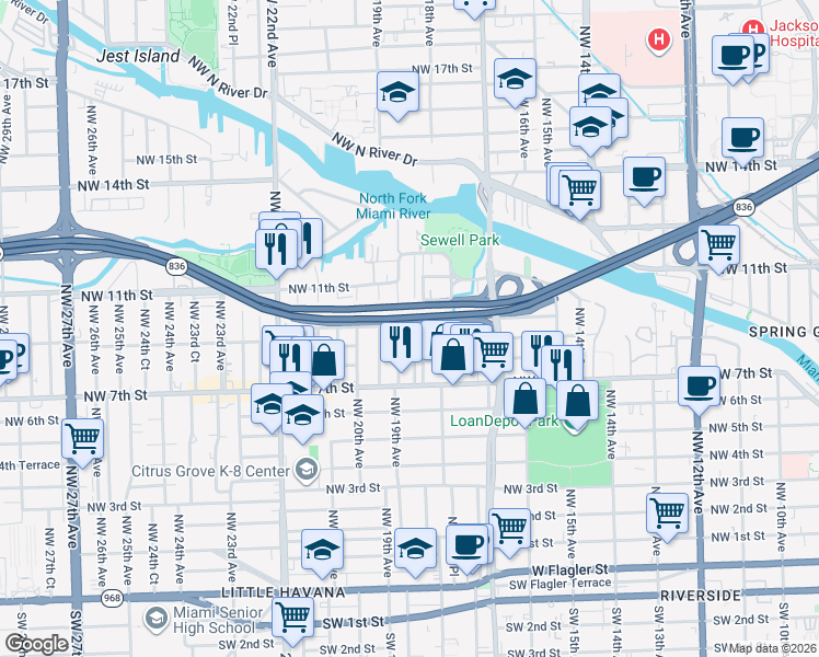 map of restaurants, bars, coffee shops, grocery stores, and more near 1870 Northwest 9th Street in Miami
