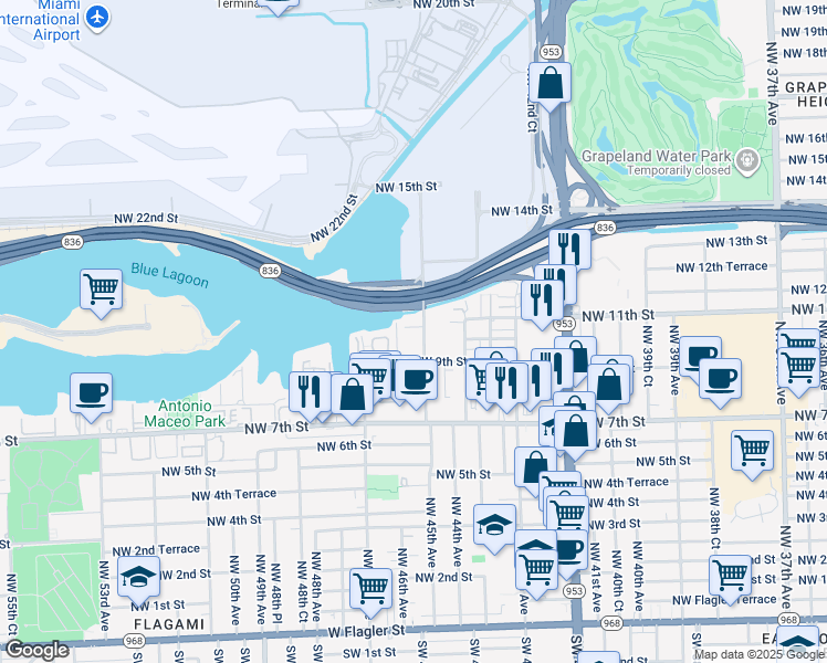 map of restaurants, bars, coffee shops, grocery stores, and more near 1015 Northwest 45th Avenue in Miami