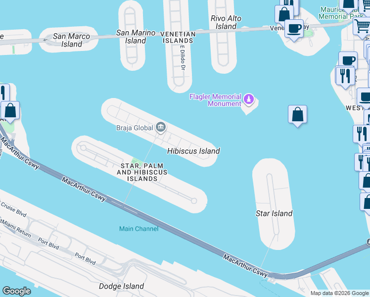 map of restaurants, bars, coffee shops, grocery stores, and more near 127 South Hibiscus Drive in Miami Beach