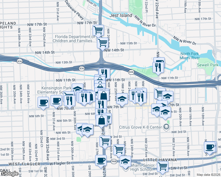 map of restaurants, bars, coffee shops, grocery stores, and more near 965 Northwest 26th Avenue in Miami