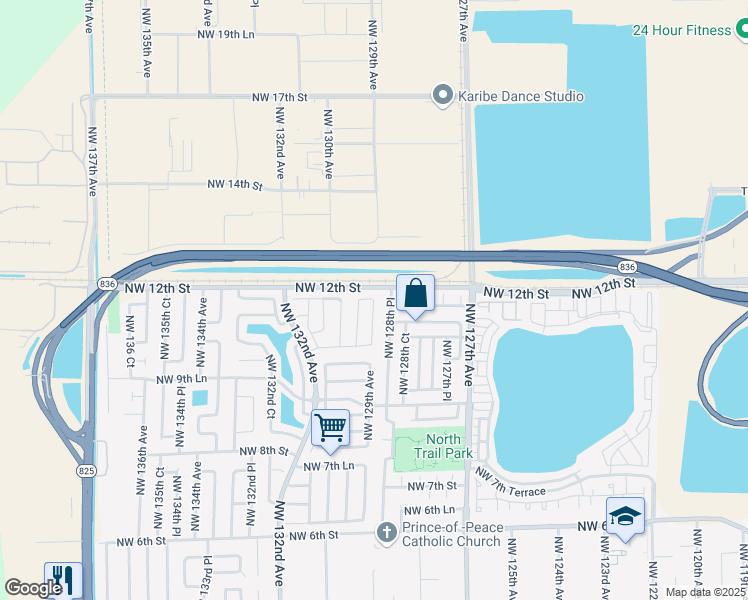 map of restaurants, bars, coffee shops, grocery stores, and more near 1751 Northwest 129th Street in Miami