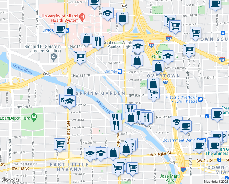 map of restaurants, bars, coffee shops, grocery stores, and more near 821 Northwest 7th Street Road in Miami