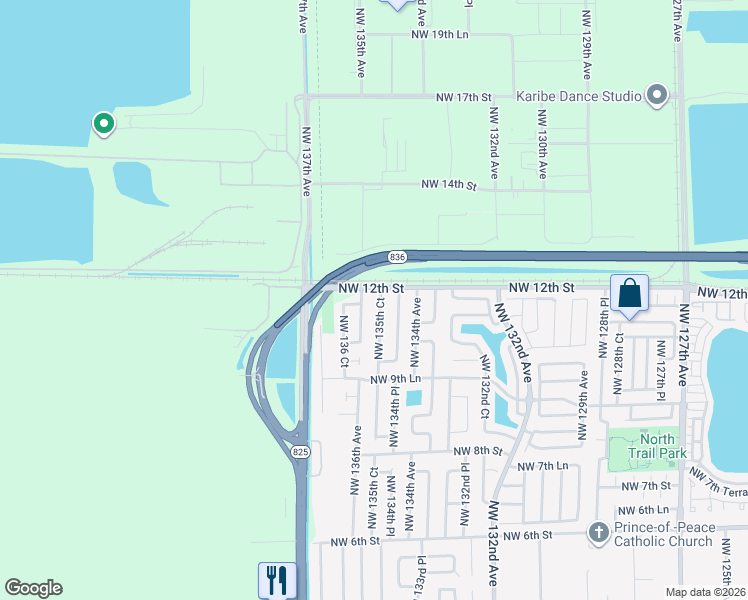 map of restaurants, bars, coffee shops, grocery stores, and more near 1165 Northwest 135th Court in Miami