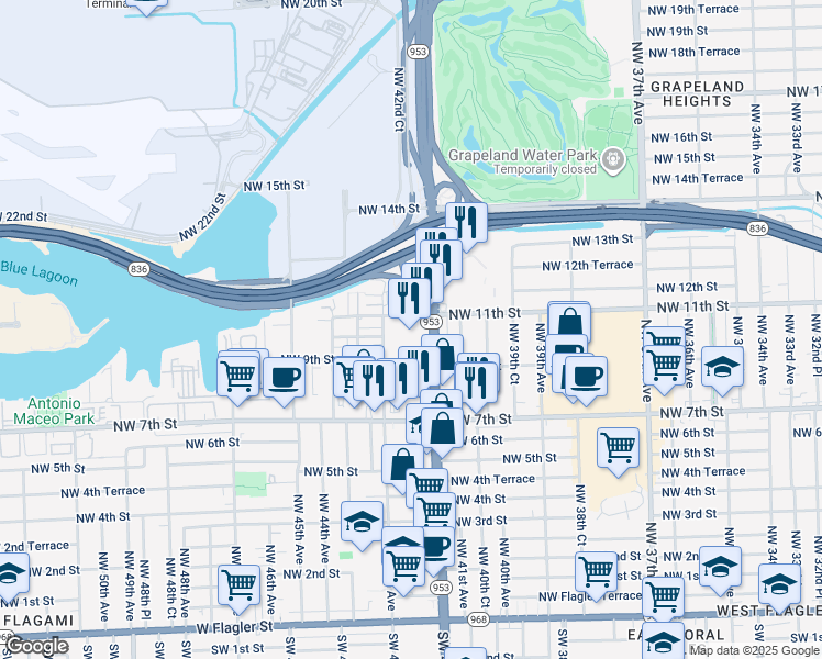 map of restaurants, bars, coffee shops, grocery stores, and more near 1000 Northwest Le Jeune Road in Miami