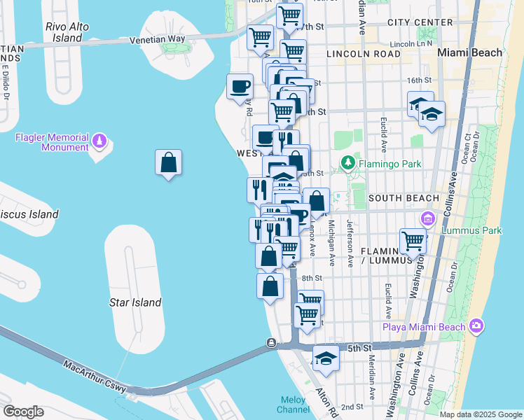map of restaurants, bars, coffee shops, grocery stores, and more near 1100 West Avenue in Miami Beach