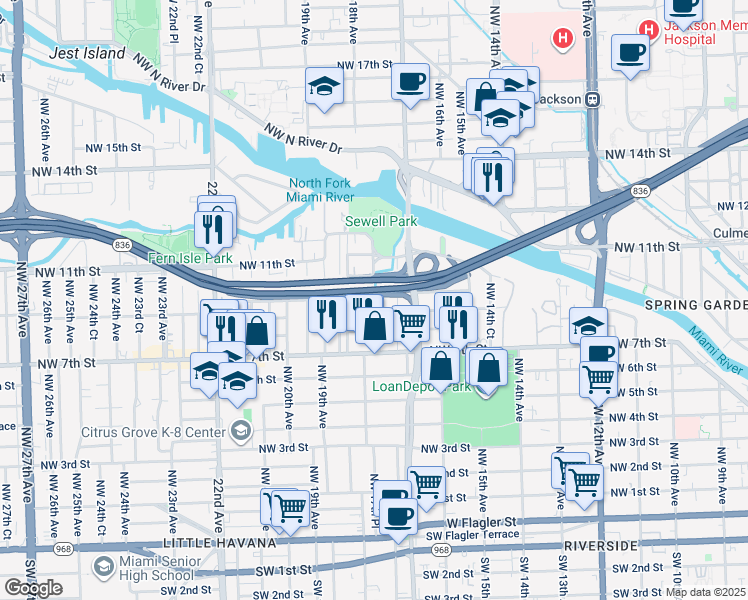 map of restaurants, bars, coffee shops, grocery stores, and more near 869 Northwest 18th Place in Miami