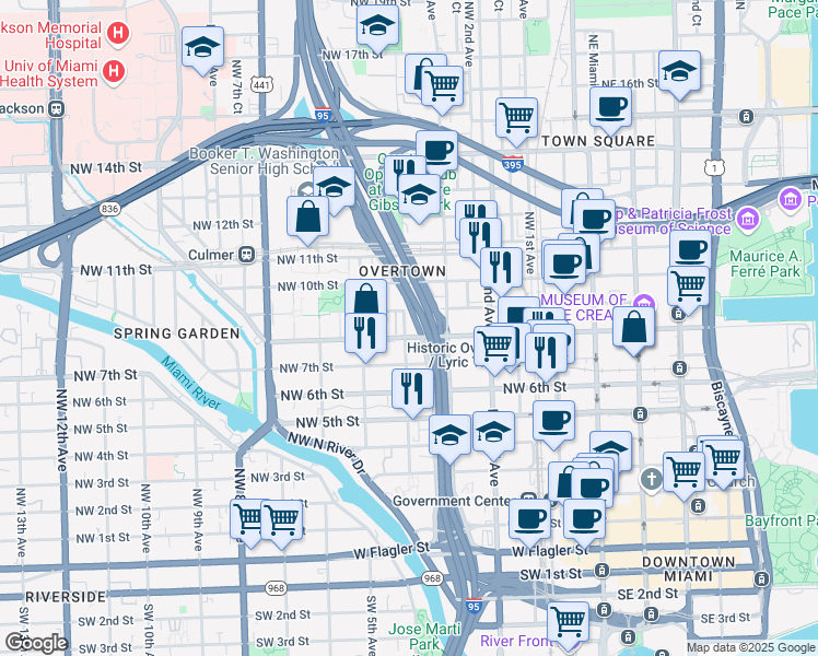 map of restaurants, bars, coffee shops, grocery stores, and more near 365 Northwest 8th Street in Miami