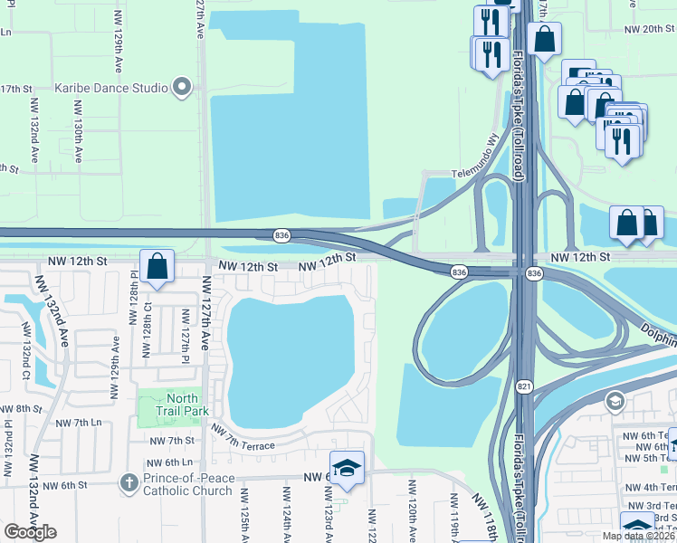map of restaurants, bars, coffee shops, grocery stores, and more near 1173 Northwest 123rd Place in Miami