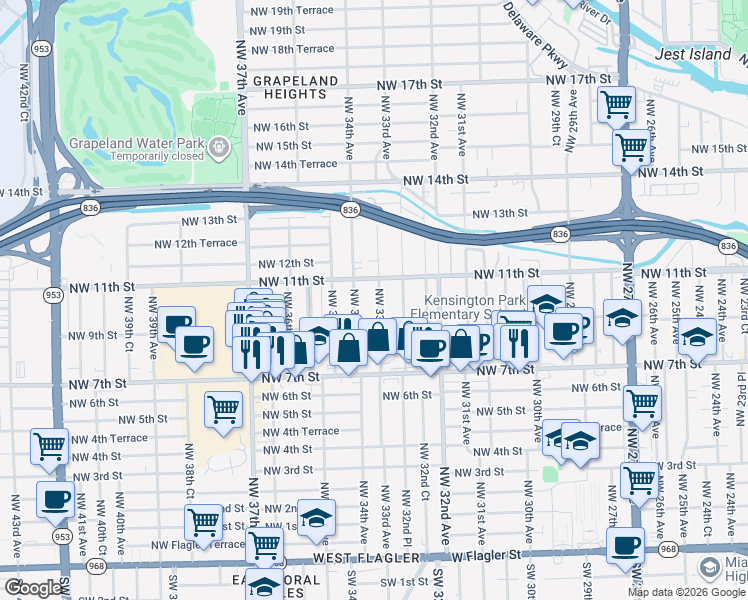map of restaurants, bars, coffee shops, grocery stores, and more near 1021 Northwest 33rd Avenue in Miami