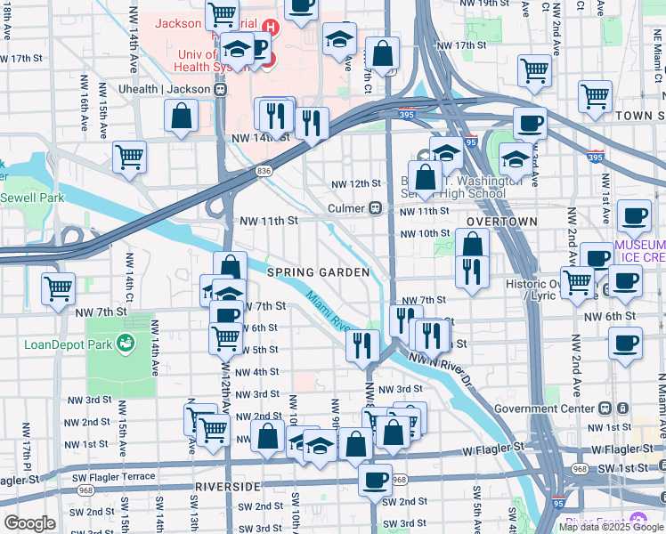 map of restaurants, bars, coffee shops, grocery stores, and more near 828 Northwest 9th Avenue in Miami
