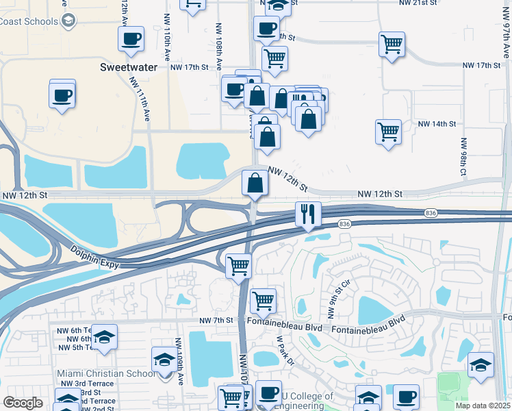 map of restaurants, bars, coffee shops, grocery stores, and more near 1245 Northwest 107th Avenue in Doral