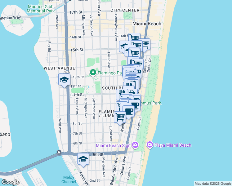 map of restaurants, bars, coffee shops, grocery stores, and more near in Miami Beach