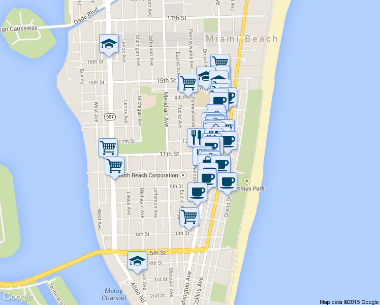 map of restaurants, bars, coffee shops, grocery stores, and more near in Miami Beach