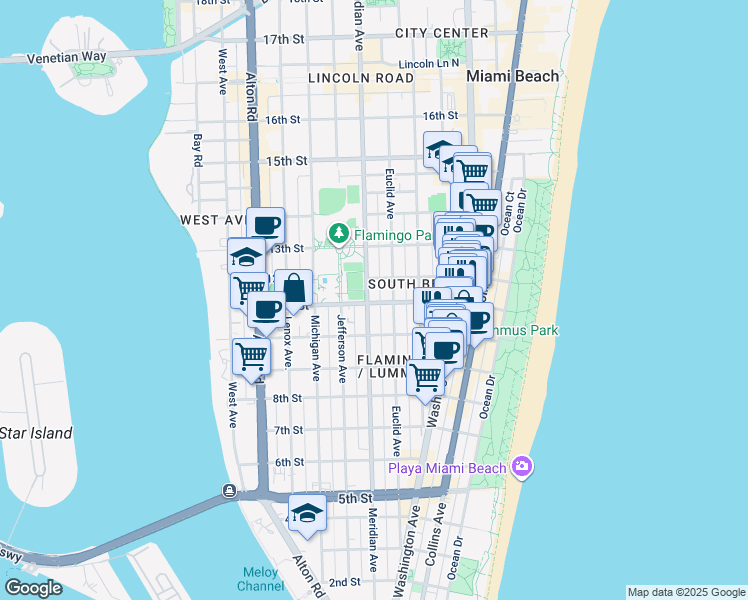 map of restaurants, bars, coffee shops, grocery stores, and more near 739 11th Street in Miami Beach