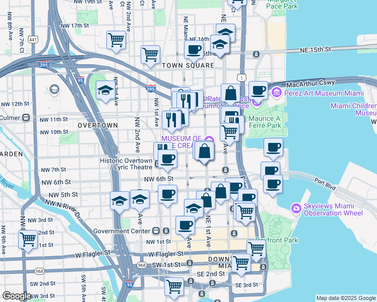 map of restaurants, bars, coffee shops, grocery stores, and more near 51 Northeast 8th Street in Miami