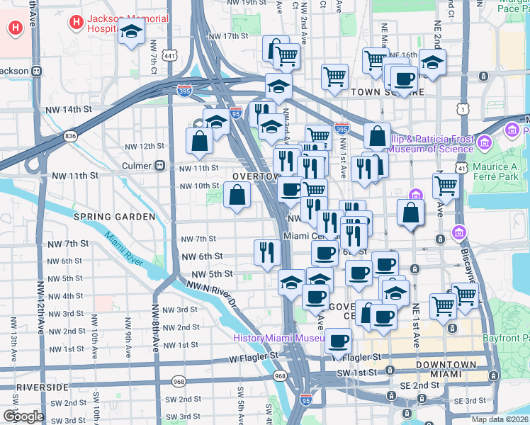 map of restaurants, bars, coffee shops, grocery stores, and more near 365 Northwest 8th Street in Miami
