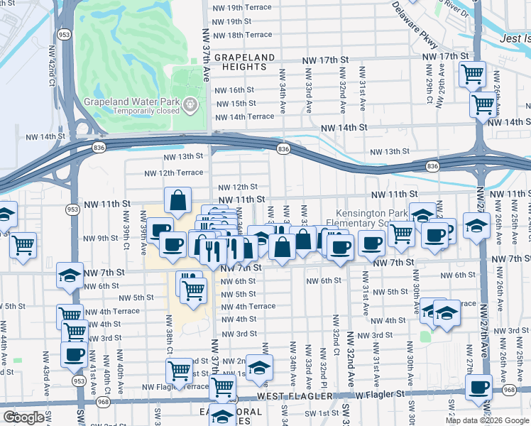 map of restaurants, bars, coffee shops, grocery stores, and more near 1001 Pasco Jose De La Luz Y Caballero Court in Miami