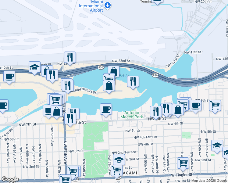 map of restaurants, bars, coffee shops, grocery stores, and more near 5202 Blue Lagoon Drive in Miami