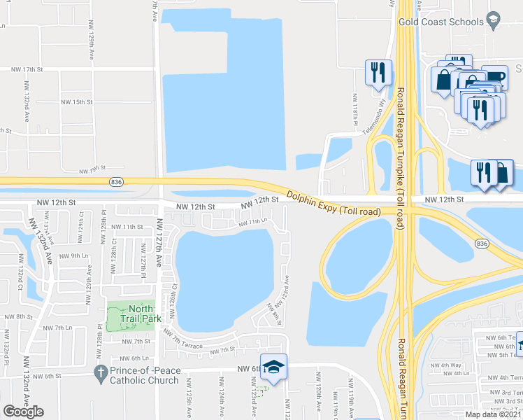 map of restaurants, bars, coffee shops, grocery stores, and more near 1172 Northwest 123rd Place in Miami