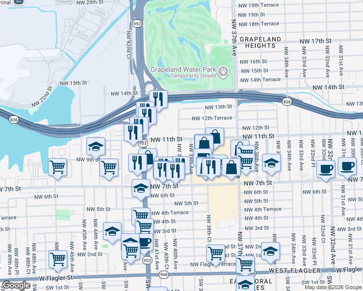 map of restaurants, bars, coffee shops, grocery stores, and more near 1011 Northwest 39th Court in Miami