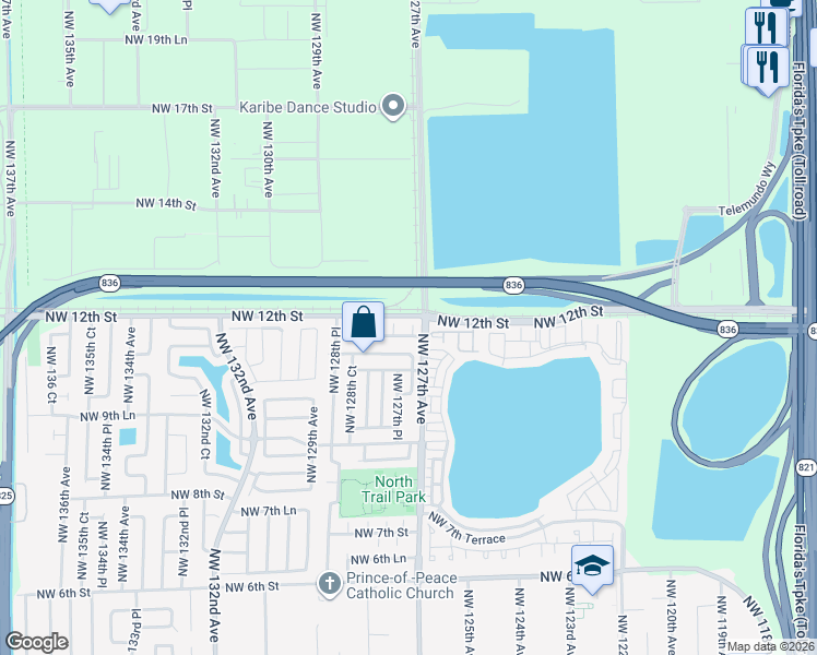 map of restaurants, bars, coffee shops, grocery stores, and more near 1162 Northwest 127th Court in Miami