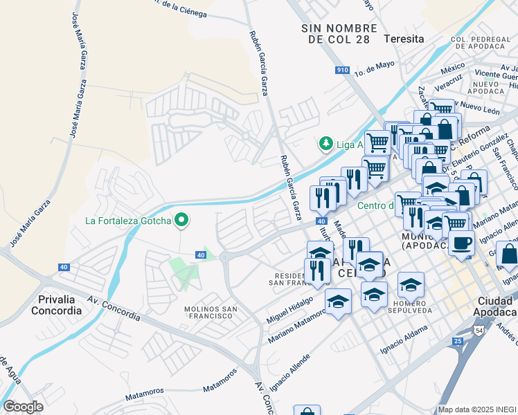 map of restaurants, bars, coffee shops, grocery stores, and more near 138 Elvas in Ciudad Apodaca