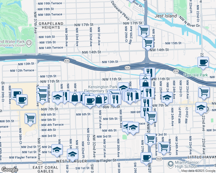 map of restaurants, bars, coffee shops, grocery stores, and more near 955 Northwest 30th Place in Miami