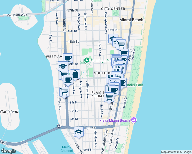 map of restaurants, bars, coffee shops, grocery stores, and more near 739 11th Street in Miami Beach