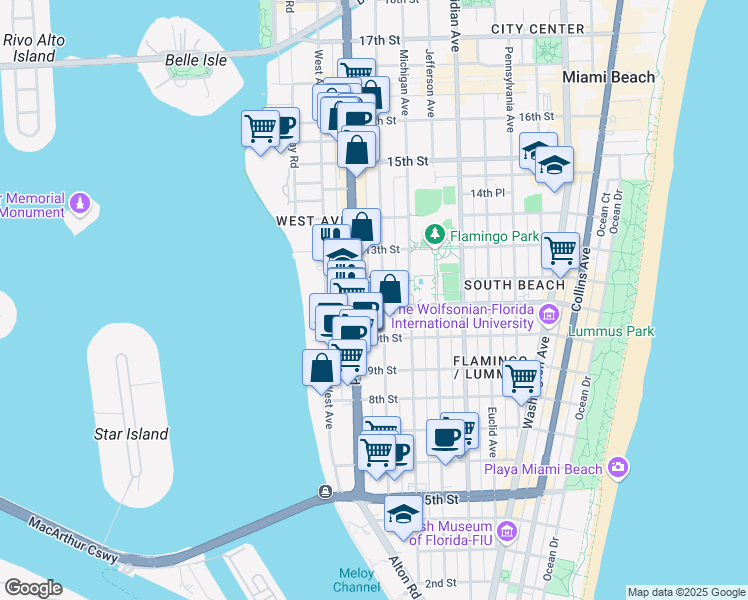 map of restaurants, bars, coffee shops, grocery stores, and more near 1131 11th Street in Miami Beach