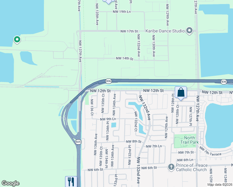 map of restaurants, bars, coffee shops, grocery stores, and more near 1181 NW 134th Ave in Miami