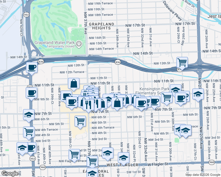 map of restaurants, bars, coffee shops, grocery stores, and more near 1001 Pasco Jose De La Luz Y Caballero Court in Miami