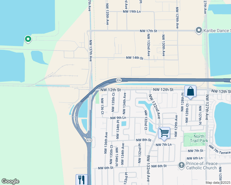 map of restaurants, bars, coffee shops, grocery stores, and more near 1165 Northwest 135th Court in Miami