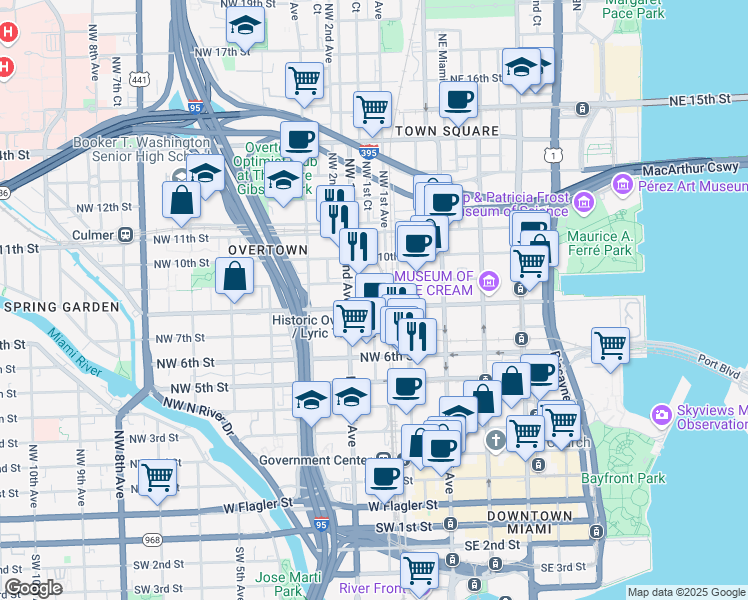 map of restaurants, bars, coffee shops, grocery stores, and more near 823 Northwest 1st Avenue in Miami