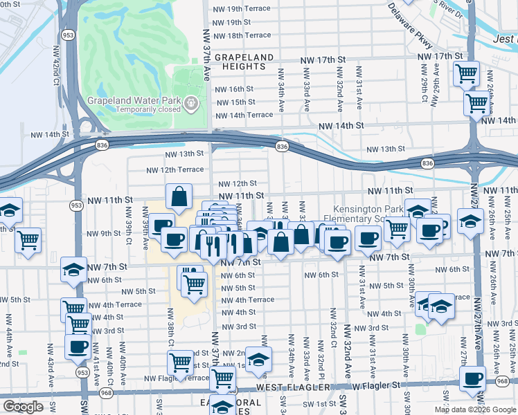 map of restaurants, bars, coffee shops, grocery stores, and more near 1001 Pasco Jose De La Luz Y Caballero Court in Miami